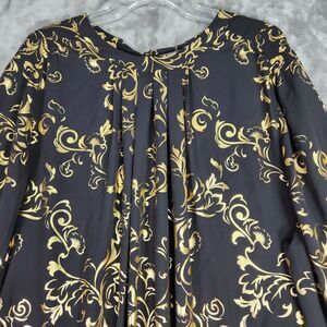 Worthington Womens Blouse‎ 3X Black Gold Metallic Floral Long Sleeve Party Goth
